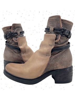 A.S.98 Netta Leather Ankle Boots Tan Brown Moto Buckles Zipper Style Size EU 37